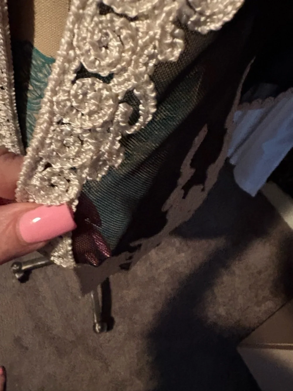 Sheer Black Embroidered open cardigan with White ribbon Lace Detail - Picture 11 of 13